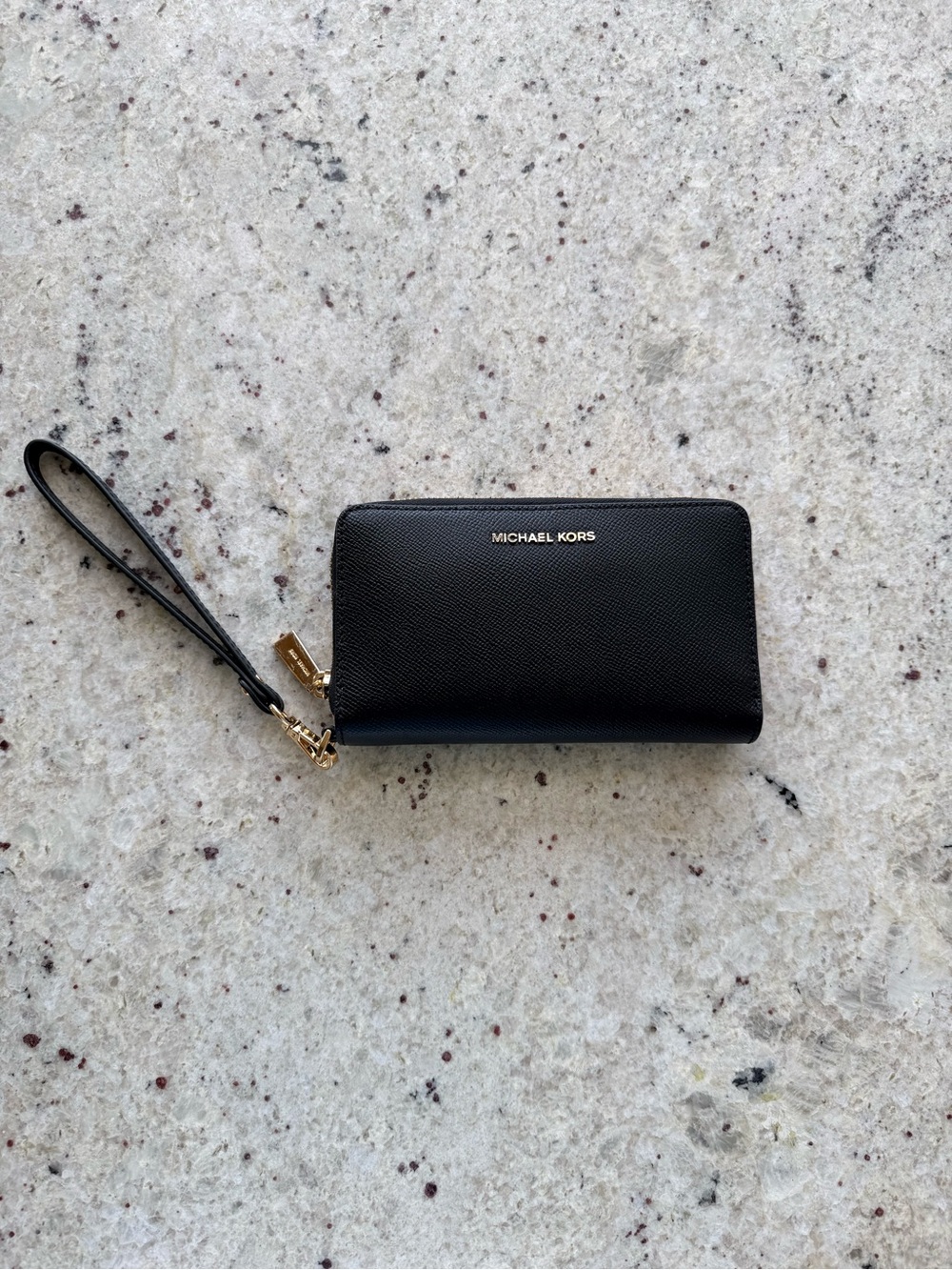 Michael Kors Black Leather Wristlet Wallet with Gold Hardware